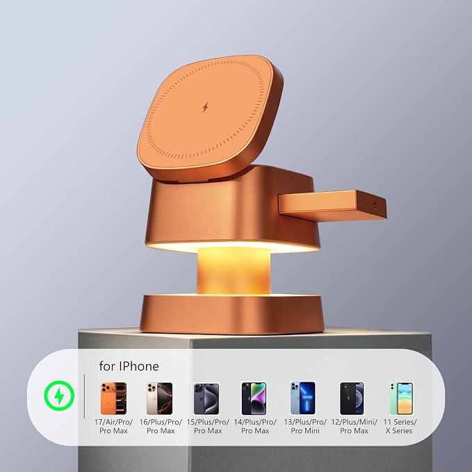 4 in 1 Charging Station for Apple Devices, 3 in 1 Wireless Charger Stand with Night Light for iPhone 17/16/15/14/13/12 Pro Max, Watch AirPods, 15W MagSafe Magnetic Charging for Bedroom Office (Orange)