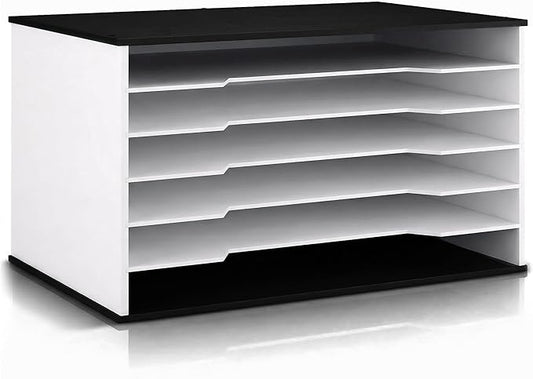 12x18 Construction Paper Organizer, 6-Tier Wooden Flat File for 11x17 & A3 Sheets | Large Durable wood composite organizer Paper Storage for Classroom, Office & Art Room | Black & White|