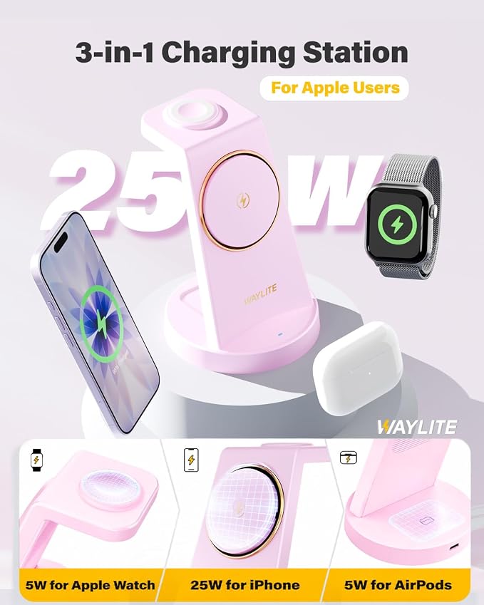 3 in 1 Fast Charging Station for iPhone, 25W Wireless Magnetic Phone Charger for iPhone 17 16e 16 15 14 13 12 Serise, Watch Charger Stand, Wireless Charging Station for AirPods 4 3 Pro, Pink