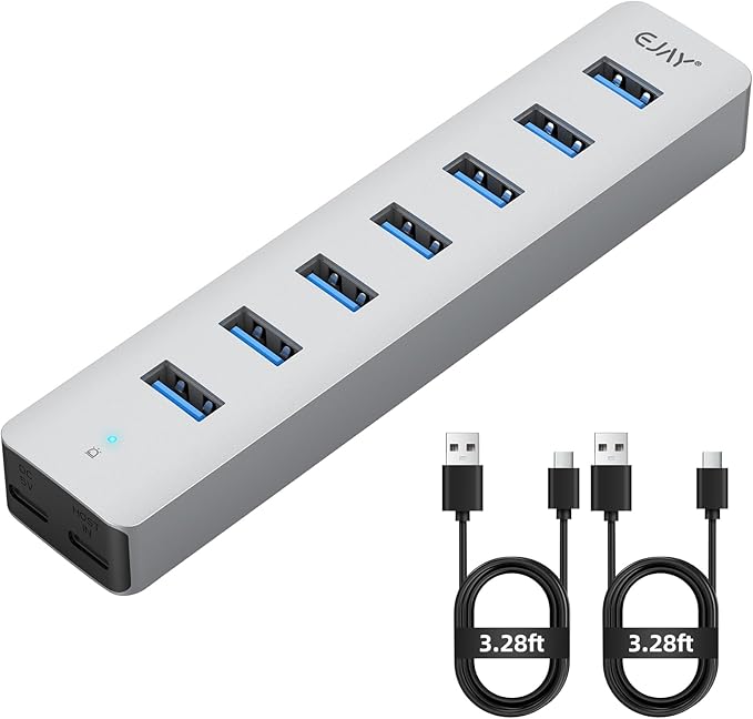 7 Ports USB Hub, Aluminum Multiport Desktop USB Adapter Powered USB Splitter for Laptop, Mobile Phones, PC, PS4 and Other USB Devices(3.3Ft Data Cable+3.3Ft Charging Cable)