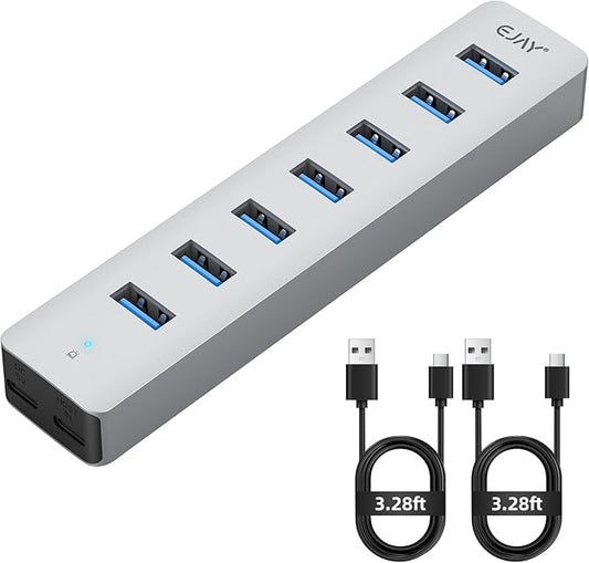 7 Ports USB Hub, Aluminum Multiport Desktop USB Adapter Powered USB Splitter for Laptop, Mobile Phones, PC, PS4 and Other USB Devices(3.3Ft Data Cable+3.3Ft Charging Cable)