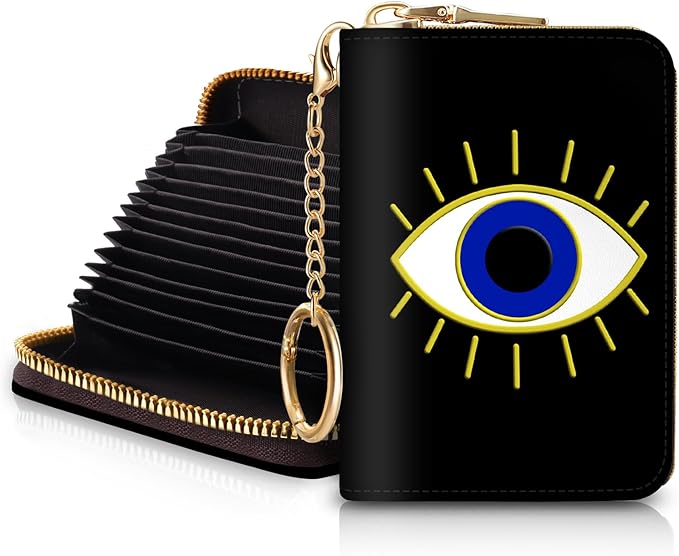 Blusabaca RFID Credit Card Holder Wallets for Women, Small Evil Eye Card Case Wallet with Removable Keychain and Zipper, Leather Card Holder Pocket Business Card Accordion Wallet