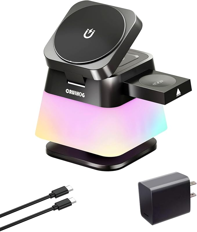4 in 1 Wireless Charging Station,Charger Stand with Night Light for iPhone17/16/15/14/13/12,Airpods,Watch(20W Adapter),Magnetic Charging Station for Apple
