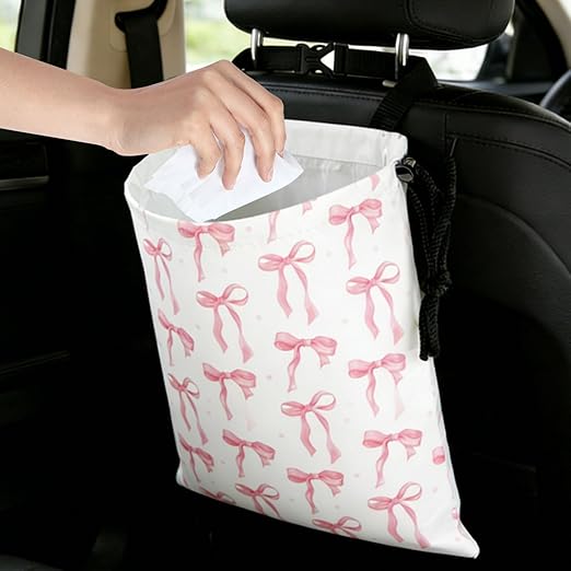 Pink Bow Car Trash Bag - Waterproof Car Trash Bag Hanging Leakproof Car Garbage Bag - Washable Reusable Trash Bag for Car Interior Hanging Organizer Storage Vehicle Travelling Camping