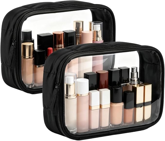 Moyad TSA Approved Clear Toiletry Bag, Quart Size 3-1-1 Liquids Pouch with Smooth Zipper, Wide Opening Transparent Makeup Organizer for Carry On Travel, Lightweight for Women Men (Black-2pcs)