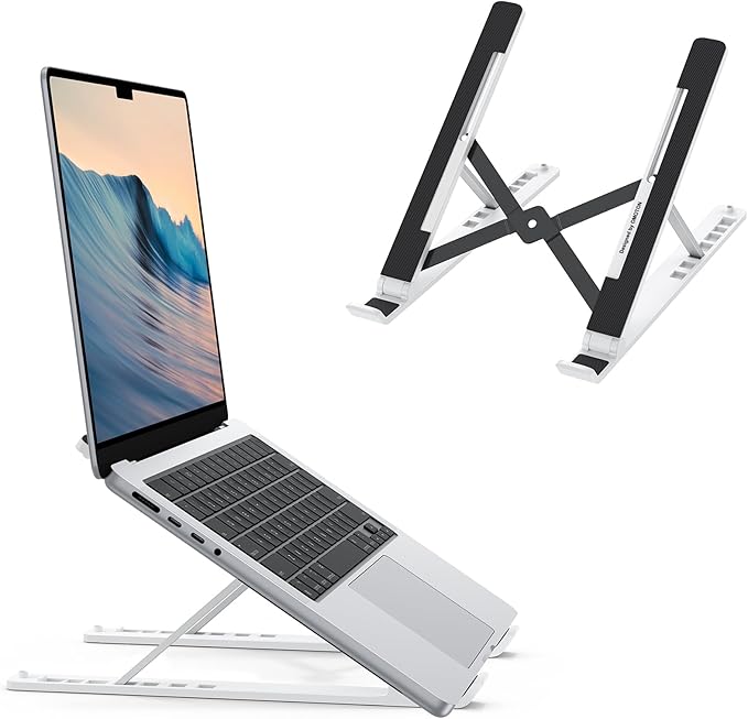 OMOTON Laptop Stand, Laptop Stand for Desk Ergonomic 7-Levels Angles Adjustable Computer Stand, Portable ABS Laptop Riser Holder Compatible with All Laptops and iPad（10-15.6", White