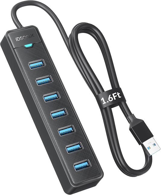 7 Ports USB Hub 3.0 - iDsonix USB 3.0 Hub 5Gbps Splitter Multiport Adapter, USB Hub Extender for PC, Laptop, Flash Drive, Mobile HDD, Windows/XPS, 1.64Ft（50cm）