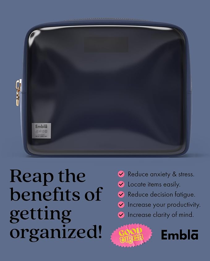 Embla Clear Large Makeup Bag Cute Big Make Up Nylon Pouches Travel Bathroom Bags for Toiletries XL Cosmetic Pouch for Women Girls Extra Large Zipper Toiletry Skincare Organizer Navy Blue