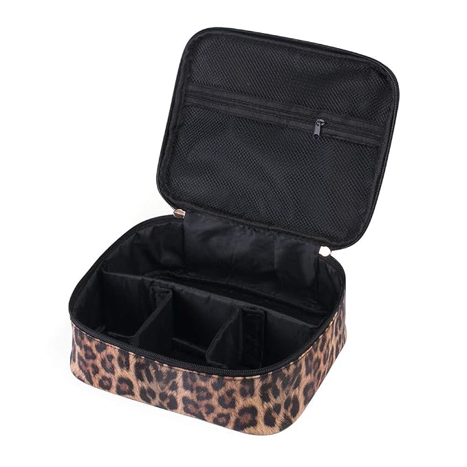 Makeup Bag Travel Large Toiletry Bag Leopard Portable Cheetah Printed Cosmetic Organizer Pouch with Small Brush Storage Case Gold Zipper Waterproof Adjustable Dividers for Women,8.7x7.1x3.4inch