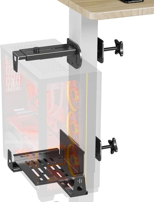 JOY worker No Drilling Under Desk PC Mount for Standing Desk, Clamp-On Desk Leg Computer Mount with Extra Protective Arms, Adjustable Computer Case CPU Holder Holds Up to 44lbs, Black