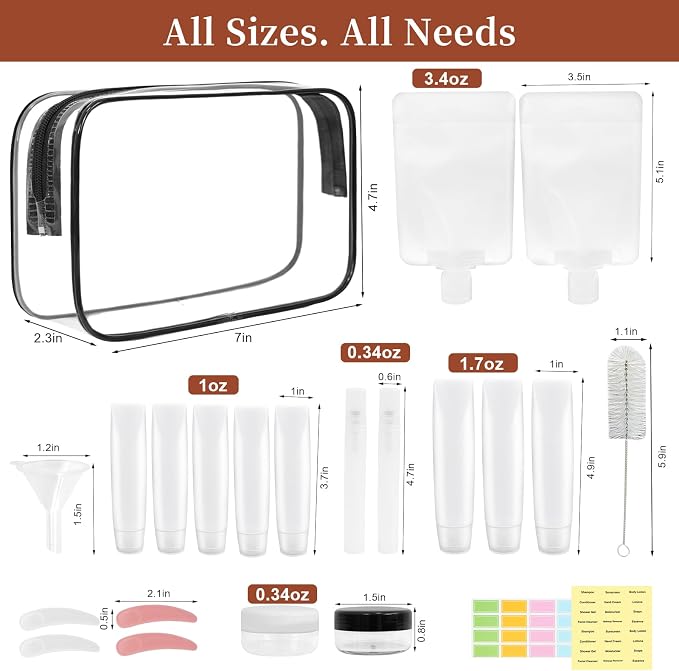 TSA Approved Leak Proof Travel Bottles, Empty Travel Size Bottles & Travel Toothpaste Container, Travel Size Accessories and Shampoo Conditioner Bottles with Toiletry Bag (BPA Free)