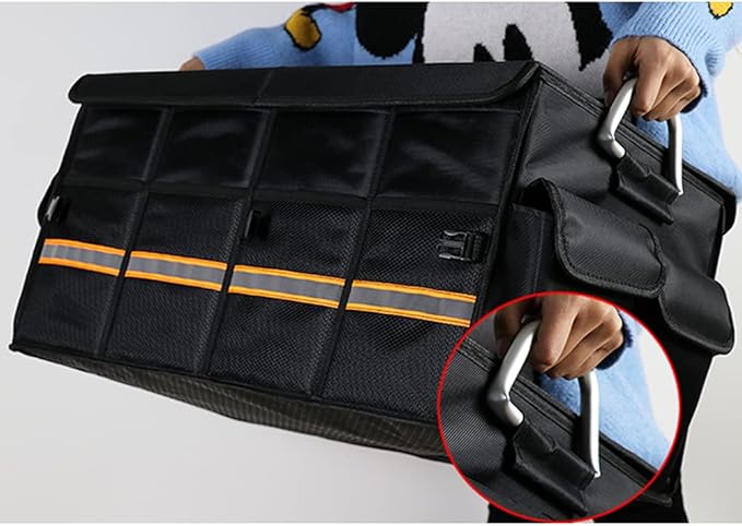 Tianle Car Trunk Organizer - Collapsible Trunk Organizer & Lid Foldable Cover Aluminium Alloy Handle Reflective Strip for Auto, SUV, Truck, Minivan (L Black)