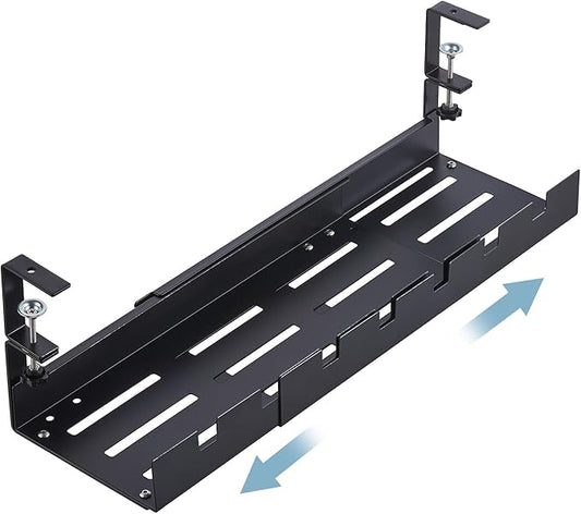 Expandable Under Desk Cable Management Tray, Max Load 22lbs, Clamp Mount, Super Sturdy Metal, No Drill, Cord Organizer for Home and Office, Black