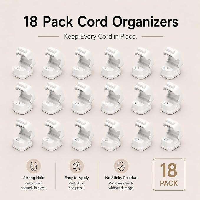 18 Pack Cable Organizer Clips, Adhesive Cord Holder for Desk, Office, Car & Nightstand, Spring Lock Cable Management with Strong Acrylic Adhesive, White