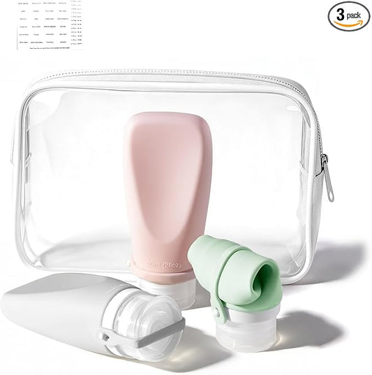 Travel Bottles for Toiletries, TSA Approved 2oz Container, High-Effeiciency Leak-Proof Ultrasonic Technology, Silicone Refillable Squeezable Travel Accessories for Shampoo Conditioner Lotion (3 Pcs)