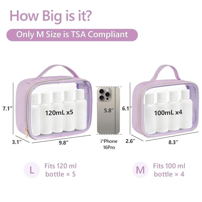 PACKISM Clear Makeup Bag Combo Pack, 1 TSA Approved Medium & Large for Checked Luggage, Clear Toiletry Bag with Handle, Water-resistant Travel Essentials Organizer, Purple