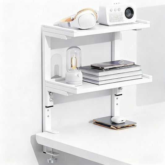 Spacrea clamp on Desk Shelf, 2 Tier Office Desk Shelves Organizer, Wood Desktop Supplies Storage Rack, Desk Organizers and Accessories (White)