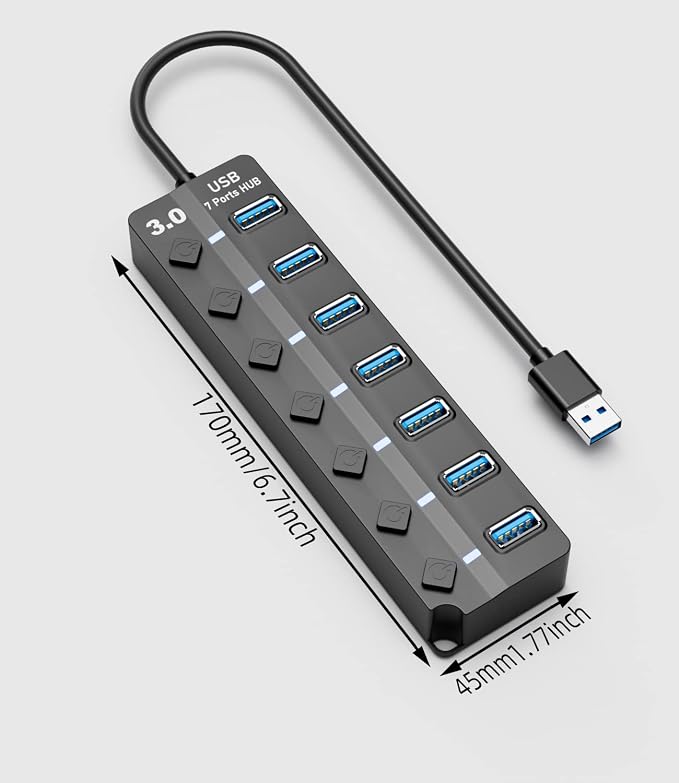 USB Hub 3.0, Eanetf 7 Port USB hub with LED Individual On/Off Switches and Extended Long Cable for MacBook, Mac Pro, Mac mini, iMac, Surface Pro, XPS, PC - 4ft