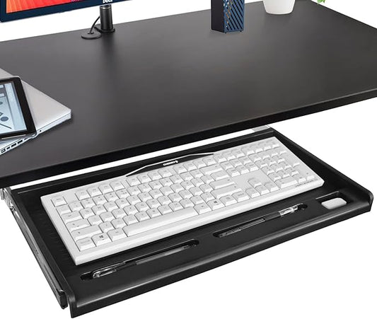 TOOCUST Under Desk Keyboard Tray, 20" Wx11"D Sturdy Key Board Tray Under Desk Slide with Pen Tray, Desk Extender with Pen Holder,Black
