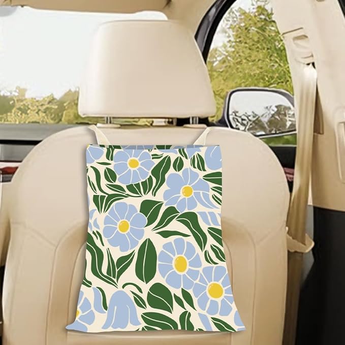 Car Garbage Bag Hanging 9.8 x 11.8 Inch Floral Car Trash Bag Boho Flowers Leaf Polyester Washable Waterproof Cute Storage Can for Vehicle Interior Travel Accessories Reusable Leak Proof