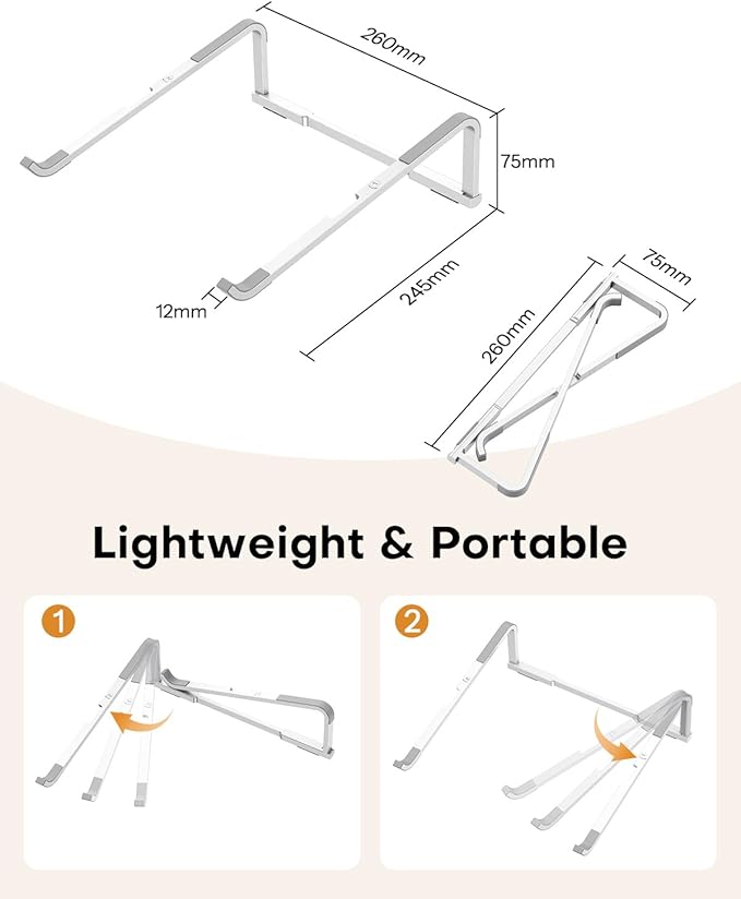 OMOTON Portable Laptop Stand for Desk, Foldable Aluminum Laptop Riser, Ergonomic Computer Stand Compatible with for MacBook Pro/Air, Dell, HP, Lenovo, 10-17.3'' (Silver)