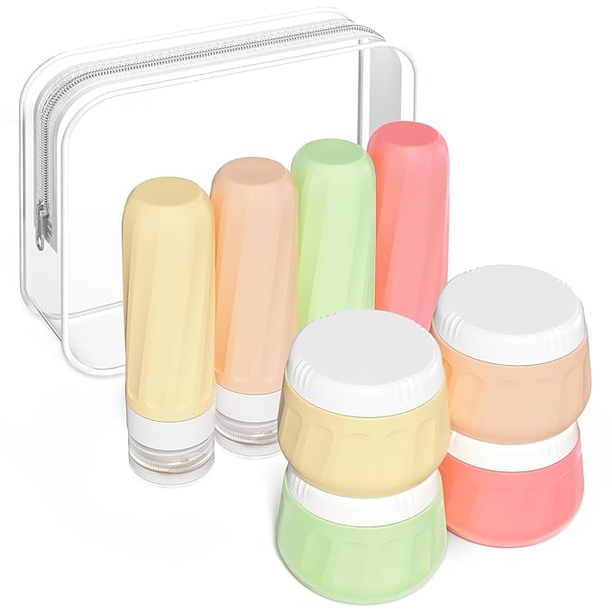 Mrsdry Travel Bottles for Toiletries 8 Pack, Travel Size Toiletries, Tsa Approved Travel Size Containers 3oz, with Travel Essentials Clear Bag, Leak Proof Silicone Squeezable Creams Jars