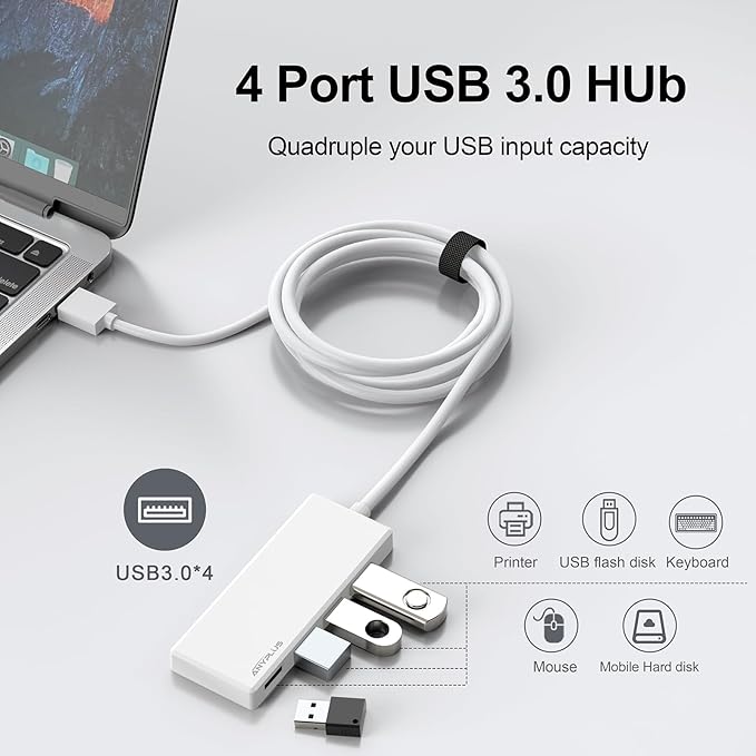 USB Hub, Multiport USB Splitter Adapter, 2 ft Long Cable USB 3.0 Hub, USB Extender for Laptop, PC, iMac, Surface Pro, MacBook, Mac Pro, Flash Drive, XPS, Mouse, HDD【White】, HJ-White-0.5M-001
