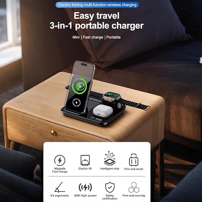 IHAO 3in1 Auto-Rising Wireless Charging Station 15W Fast Charge Ultra-Slim Foldable Design Wireless Charger for Phone Watch Earbud QC3.0 & PD Compatible