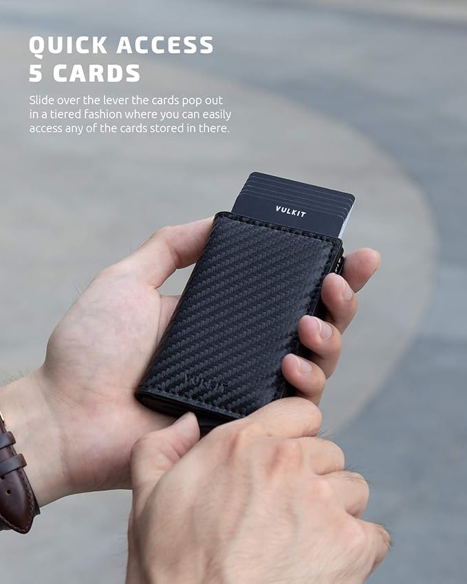 VULKIT Credit Card Holder RFID Blocking Leather Automatic Pop Up Wallet Aluminum Pocket Business Card Case