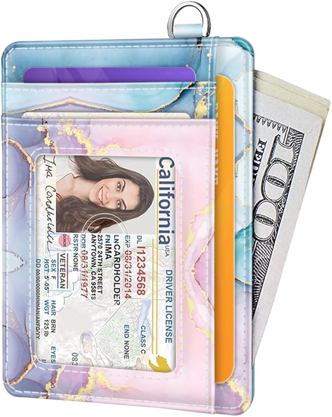 Coco Rossi Slim Front Pocket Wallet RFID Leather ID Card Holder Cute Small Wallet with Keychian for Women,Gradient Marble