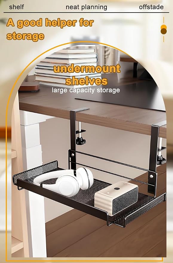 Under Desk Cable Management Tray No Drill, Sturdy Wire Desk Cable Organizer Tray,Wire Management Rack with Side Rails and Storage Organizer for Home Office