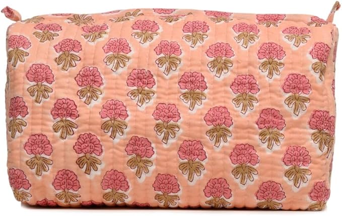 Cotton Hand Block Floral Print Toiletry Bag For Women Make Up Cosmetic Bag Jewelry Organizer Kit Storage Bag Case Travel Accessories Essentials Toiletries Purse Open Pouch, Orange (9.25"x 6.88"x 4.5")