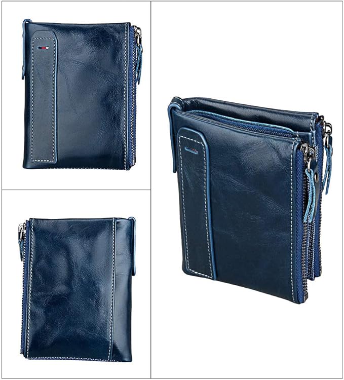 Men's Folding Double Zip Wallet RFID Blocks Retro Short Coin Purse