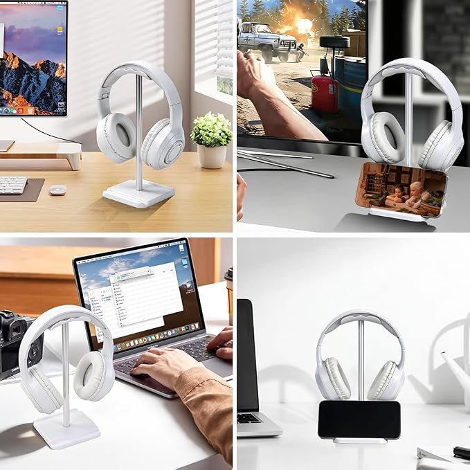 Headphone Stand, Headset Holder with Phone Holder for Desk Office Gaming, TPU-Padded Headrest, Aluminum Pole, Anti-Slip ABS Base, Universal Earphone Stand, 1 Pack White
