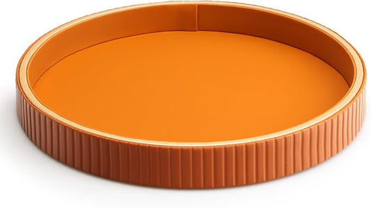SANZIE Leather Tray Desktop Storage Organizer Premium Serving Trays Decorative Tray Valet Trays for Sundries Cosmetics Phone Wallet Cutlery (Orange Disc)