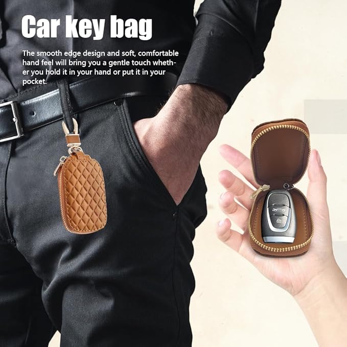 Key Fob Cover with Keychain, Key Fob Holder, Anti-Scratch Bag with Zipper, Leather Keychain Case Holder Fit Remote Key (Brown)