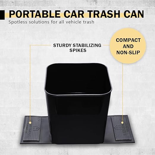Car Trash Can with Stability Wings – Leakproof Portable Garbage Bin for Fabric & Rubber Mats – Compact Durable Plastic Auto Organizer for Cars, SUVs, Trucks (Black, Large)