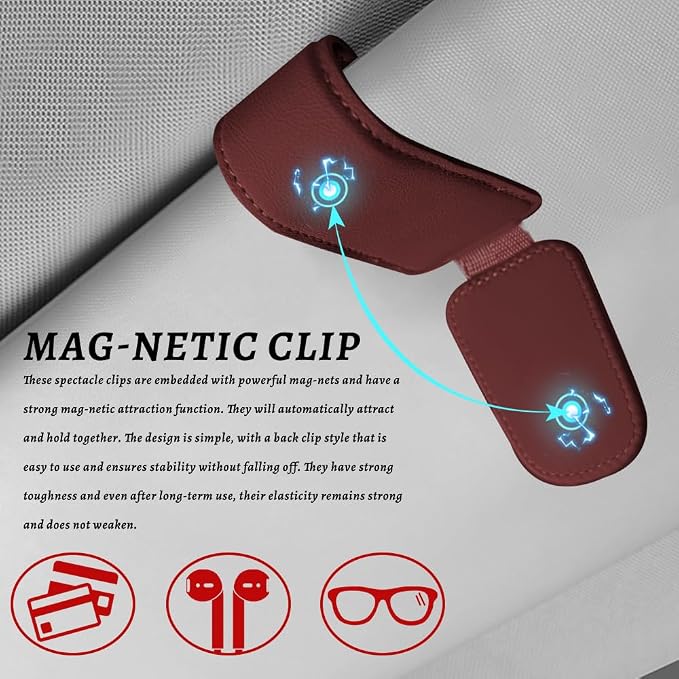 Sunglass Holder for Car, Car Sunglass Holder, Magnetic Leather Sunglasses Holder and Ticket Card Clip, Auto Multi-Functional Sun Visor Eyeglass Holders for SUV Pickup Truck (Wine Red)