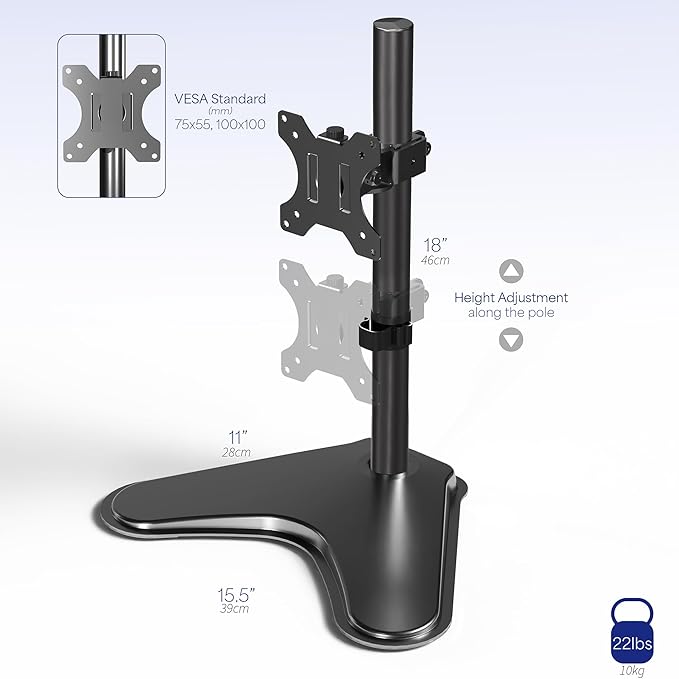 VIVO Single Monitor Desk Stand, Holds Screens up to 32 inch Regular and 38 inch Ultrawide, Freestanding VESA Steel Mount Base, Adjustable Height, Tilt, Swivel, Rotation, Black, STAND-V001H