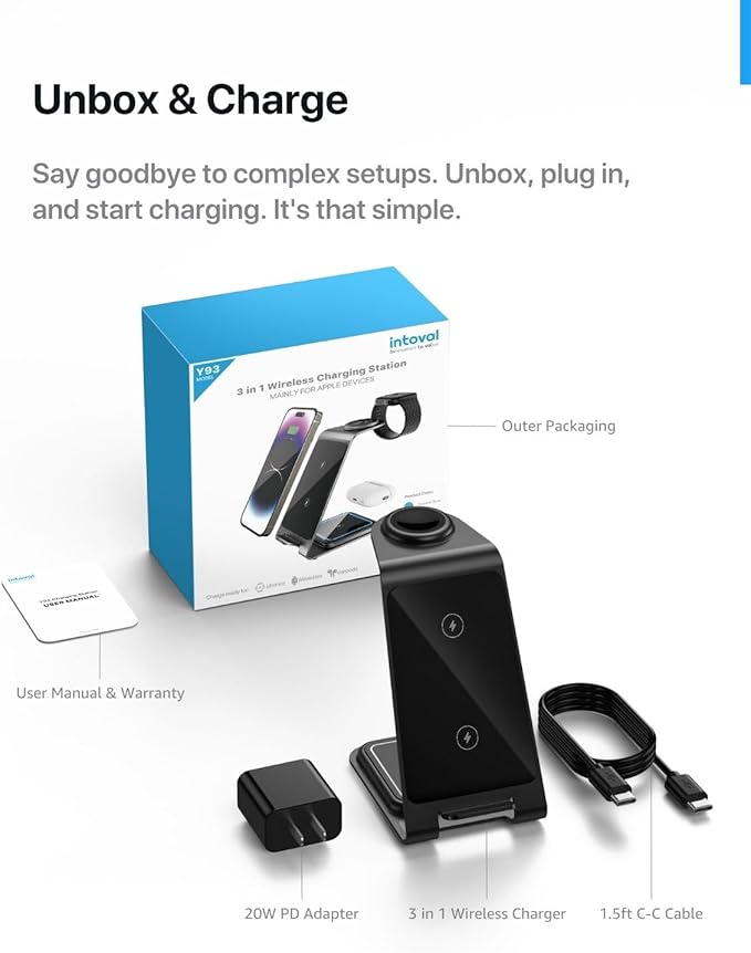 Intoval Aluminum 3 in 1 Wireless Charging Station for iPhone 17 16 15 14 13 12 11 Pro Max XR, Wireless Charger for Apple Watch 11 10 9 8 7 Ultra SE 3 2, Phone Charger for AirPods 4 Pro 2 3 (Blue)