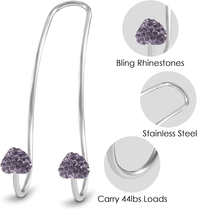 Guoord Car Headrest Hooks Decoration, 2 Pcs Bling Heart-Shaped Purse Hook Hangers, Auto Hooks Car Hangers and Durable Backseat Holder, Storage Universal for SUV Truck Vehicle（Purple）