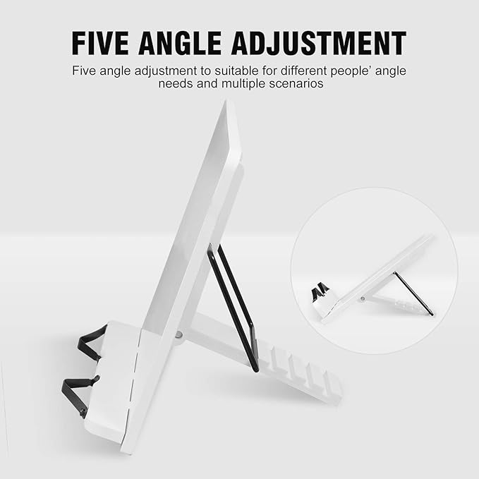 Small Desktop Bookshelf for Reading 11 inches 5 Angle Adjustable Lightweight Portable Foldable Sturdy White Display Stand for Tablets iPad and More