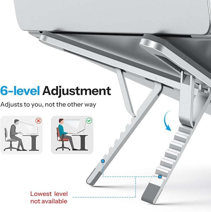 OMOTON LA15 Foldable & Portable Laptop Stand for Desk, [360° Support Feet+Lightweight] Tablet Stand for Desk and Travel, 6 Level Height Ergonomic Aluminum Computer Holder for 10-16" Laptops