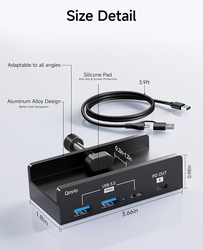 USB-Hub Clamp with Type-C PD 85W Port, 2 USB-A Data Ports, 1 USB-C Port (Black)