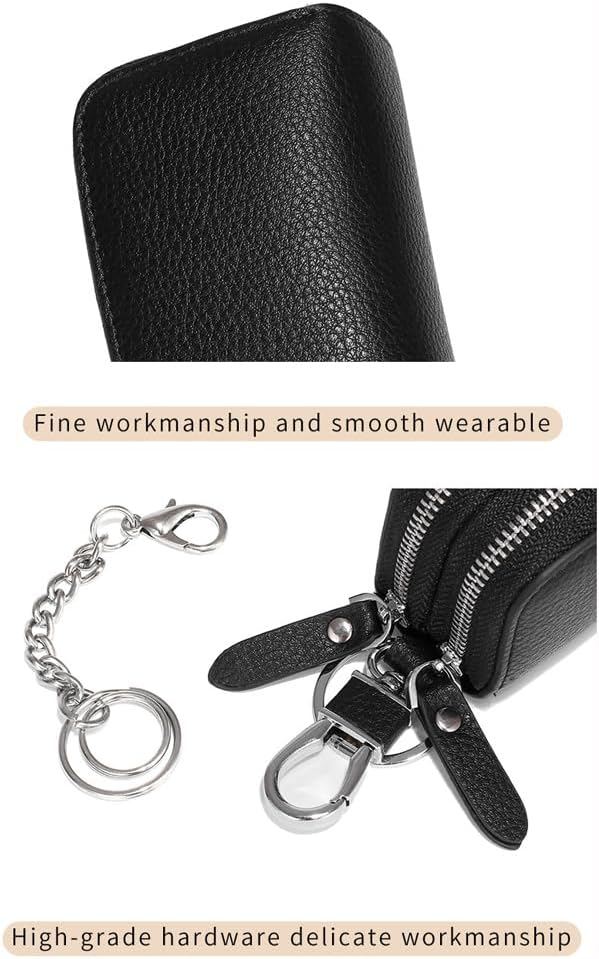 Key Fob Case Genuine Leather, Double Zipper Car Key Holder & Key Wallet with Keychain, Key Pouch for Purse Gift