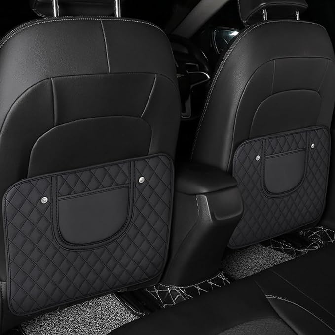 2 PCS Car Kick Mats, Leather Back Seat Protector with Storage Bag, Waterproof Automotive Backseat Cover Pad Prevent Kids Dirt Mud and Scratch, Interior Car Accessories(Black & Black)