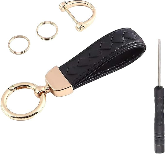 Car Keys Keychain, Leather Key Chain, Black Leather Wristlet Keychain with 2 Key Ring andAnti-Lost D-Ring, Keyfob holder for Women Men (Black)