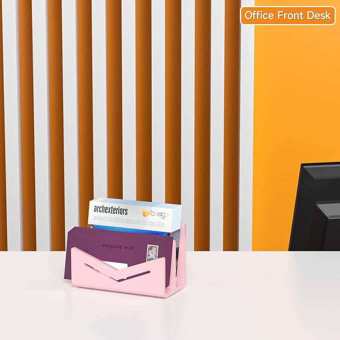 Beego Envelope and Mail Organizer Countertop - 2 Compartments Pink Acrylic Desk Organizer Letter Holder Desktop File Sorter Bill Document Folder Rack for Office, Home, School Desk Organization
