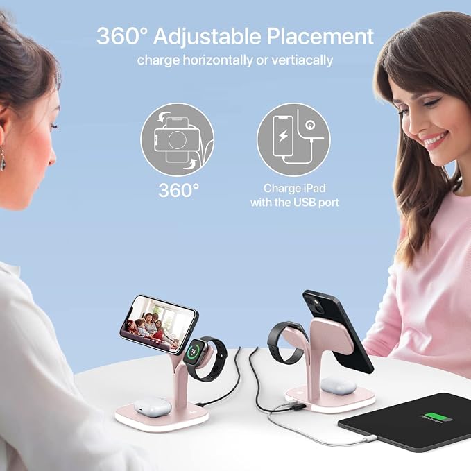 EXW Magnetic Charging Station, 5 in 1 Faster Mag-Safe Wireless Charger Stand for iPhone17/Air/16/15/14/13/12 Pro/Max/Mini/Plus, Apple Watch 10/9/8/7/6/SE/5/4/3/2 and Airpods 3/2/Pro/Pro 2 with LED
