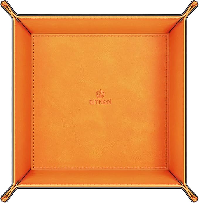 SITHON Valet Tray Desktop Storage Organizer – Premium PU Leather Catchall Bedside Vanity Tray Nightstand Caddy Holder for Remote Controller, Keys, Phone, Wallet, Coin, Jewelry (Orange)